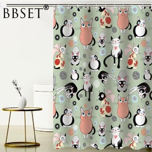 Cat Shower Curtain Cartoon Cute Cats Pattern Waterproof Multi-size Douchegordijn Kids Bathroom Decor with 12 Hooks