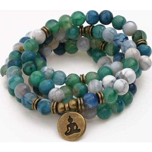 Green 108 beads 8mm elastic adjustable Lotus life tree Buddha OM eye Chakra Reiki agate Onyx Yoga Bracelet necklace ryh24