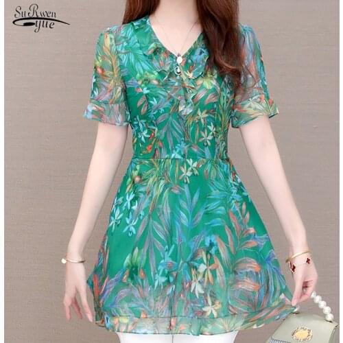 2021 Summer New Large Size Chiffon Women Blouse Office Casual Long Shirts Women Short Sleeve Ladies Tops Clothing Blusas 9981