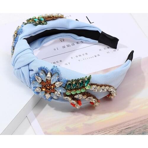 Embroidery Flower Fabric Hair Hand Personality Creative Rhinestone Studded Knotted Headband For Women