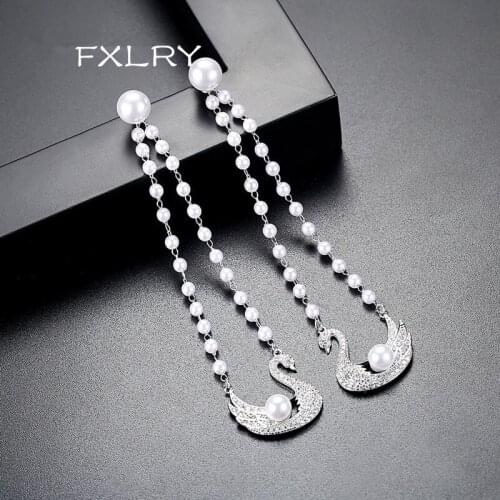 FXLRY New Design Personality White Color Cubic Zircon Swan Simulated Pearl Long Earrings For Women Fashion Jewelry
