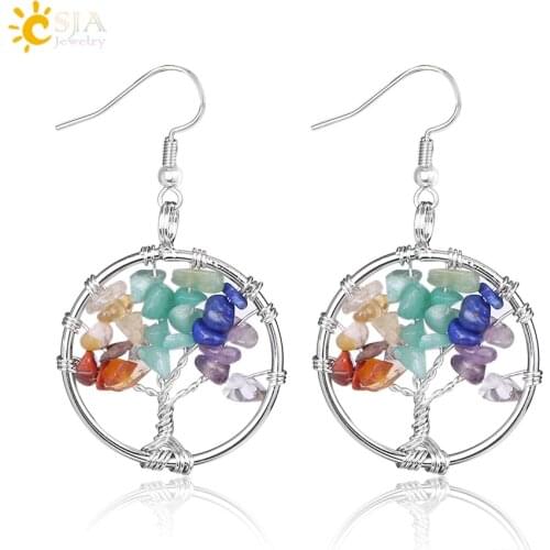 CSJA Tree of Life Women Drop Earrings Round Natural Chip Gem Stone Opal Tiger Eye White Crystal Dangle Hook Earring Jewelry E514