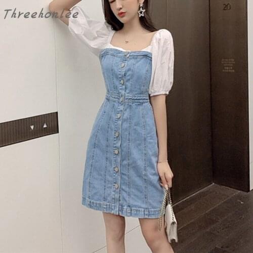 Summer Korean Denim Dress 2021 Puff Sleeve Jeans Dress Women Patchwork Vintage Square Neck Dresses Clothes Retro Elegant Beach
