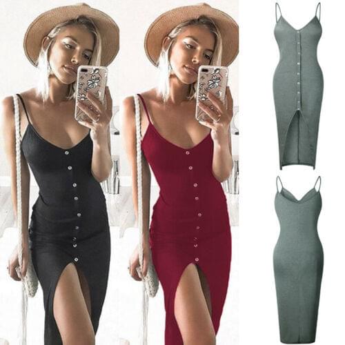 Womens Sleeveless Strappy Tank Dress Slim Rib Knit Button Split Party Midi Dress Summer