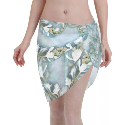 Women See-Through Beach Bikini Cover Up Wrap Scarf Swimwear Pareo Sarong Dress Watercolor Floral Painting Casual Beach Dress