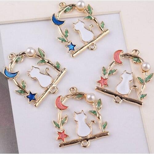 10Pcs/lot Enamel Alloy Beautiful Stars Moon Cat Charms Metal Pendants DIY Jewelry Findings