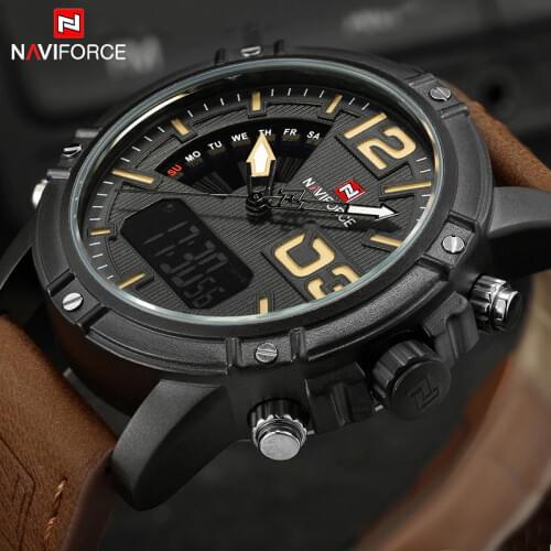 NAVIFORCE Luxury Brand Mens Sport Watches Men Dual Display LED Digital Waterproof Leather Strap Quartz Military Watch Man Clock