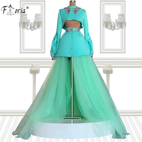Two Pieces Long Evening Gowns Crystals Long Puffy Sleeves Crop Top Prom Party Dresses High Low Tulle Skirt Homecoming Dress