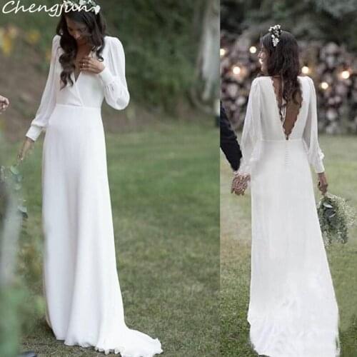 Chengjun Puff Long Sleeves V-Neck White Chiffon Beach Elegant Bridal Dresses