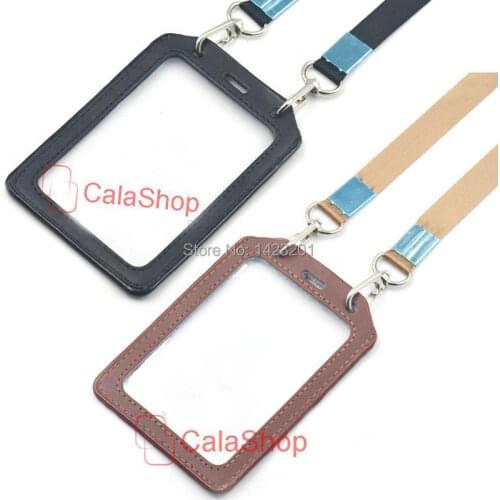 1 Set / Lot Genuine leather ID Card Holder Vertical Strap Lanyard Snap Hook Exhibition Badge Office Clear Black Clear Coffee