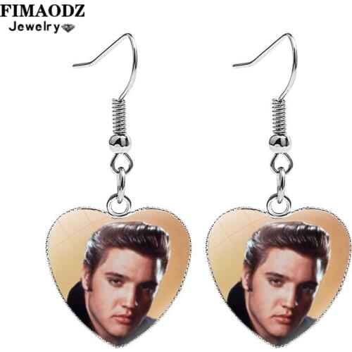 FIMAODZ Fashion Elvis Earrings for Women Fans Rock Star Singer Photo Glass Cabochon Heart Drop Earring Gift Jewelry