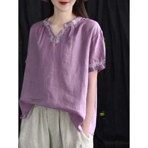 Cotton Embroidery Vintage Tee Shirt Femme Tops Plus Size Summer Arts Style Women Short Sleeve Loose V-Neck Tshirt 100