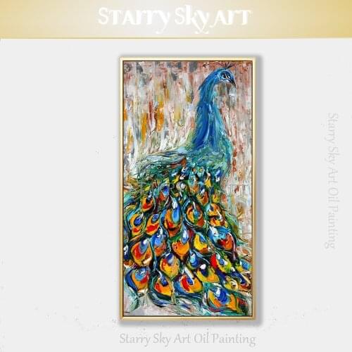 Pure Hand-painted Colorful Animal Painting Acrylic Peacock Oil Painting for Special Wall Decor Textured Knife Peacock Painting