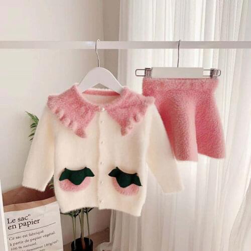 2019 New baby girl Winter Clothing Set Sweet Strawberry Pockets Sweater Cardigan+Skirt,Girls Kids Sweaters Suits Clothes