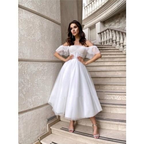 Short Off The Shoulder Wedding Dresses Boho A Line Pleated Beach Country Mariage Bride Gown Princess Tea- Length Robes De Mariee