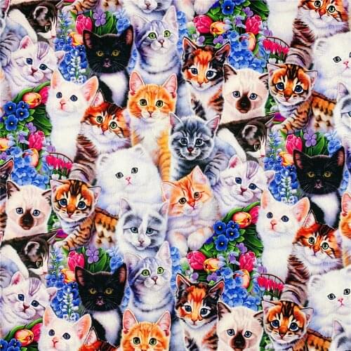 Cartoon Cats Small Flowers Print 100% Cotton Fabric for Girl Clothes Hometextile Cushion Cover Backpacks DIY