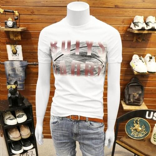 Mens silk Cotton Short Sleeve T-Shirt Trend Korean Round Collar Printing Youth Leisure Half Sleeve Cotton Top