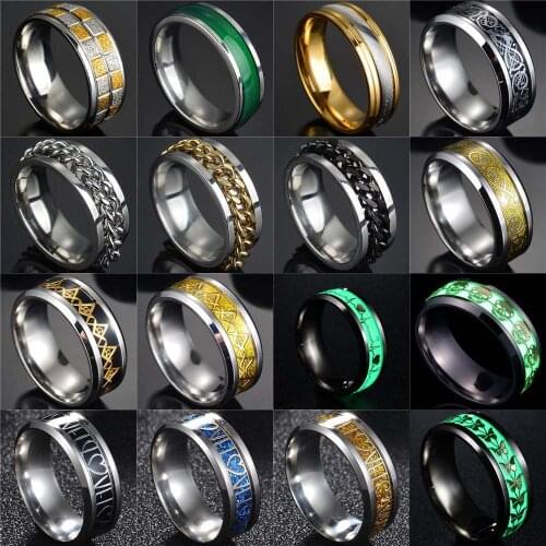 Luminous Plated Ring Dark Golden Dragon Skull Inlay Green Background Fashion Men Fluorescent Glowing Rings Chain Link Ring
