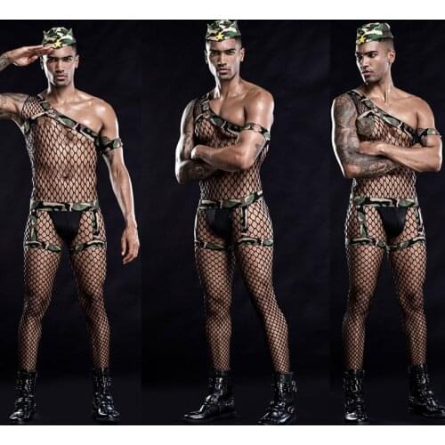 Male Gogo Dance Costume Camouflage Mesh Fishnet Bodysuit Bar DS DJ Cosplay Military Uniform Costume Erotic Clothing For Men 2172