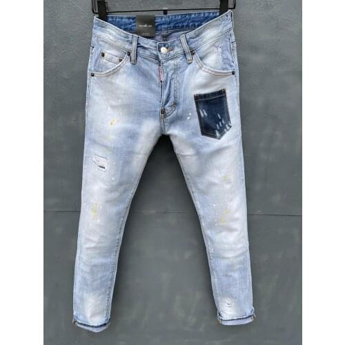 2021 Spring Summer New DSQUARED2 Mens/Womens Light-Colored Jeans Fashion Slim-Fitting Washed Paint Stretch Pants 030