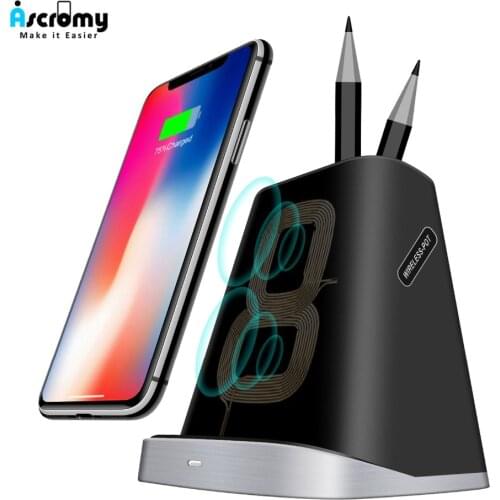 Ascromy Fast Wireless Charger Stand Pen Holder for iPhone XS Max X XR 8 Plus Samsung Note 9 8 S9 S8 S7 10W QI Induction Charging