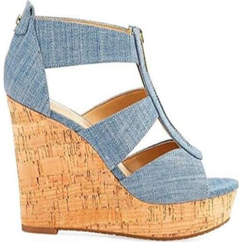 Sexy Ladies Light Blue Denim Wedge Sandals Front Zip Peep Toe Ladies Fashion Platform Wood Grain Heels Wedged Gladiator Bottine