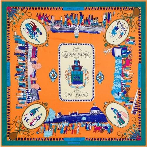 POBING Original Design 100% Twill Silk Square Scarf Woman Walking In Paris Kerchief High Quality Foulard Brand Hijab 130CM*130CM