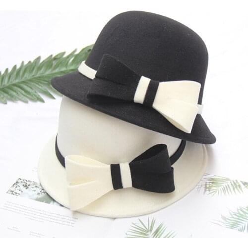 Wool Fedora Hat For Women Retro Wool Felt Hat Winter Ladies Black Church Hats Sombreros Bow Fedoras Bucket Hat