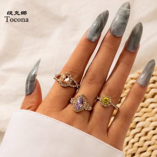 Tocona 3pcs/sets Luxury Rhinestone Ring Sets for Women Gold Color Alloy Metal Geometric Wedding Ring Jewelry Accessories 10014