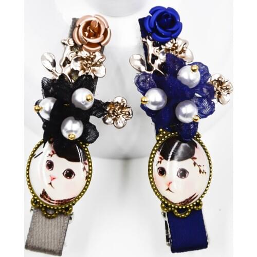 Alligator fine hair clip printed cat metal flowers pearls accessories clip for women and girls