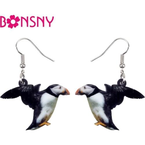 Bonsny Acrylic Unique Flying Puffin Loomery Bird Earrings Big Long Dangle Drop Fashion Jewelry For Women Girls Cute Animal Charm