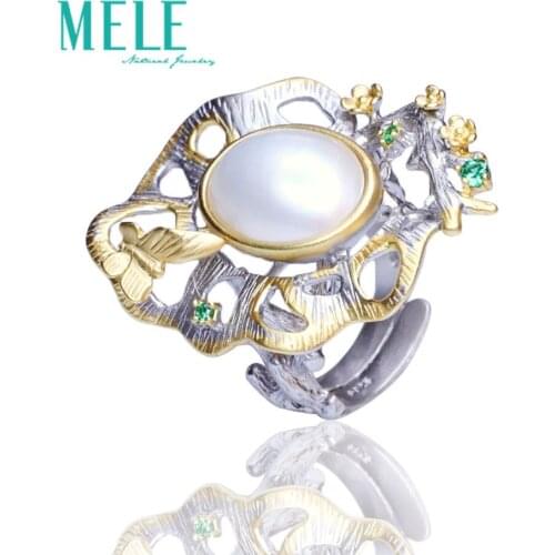 Natural Pearl women rings Lotus leaf shape style 925 silver ring