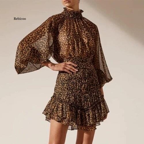 Women Leopard Ruffles Dress Summer Stand Collar Lantern Sleeve High Waist Chiffon Dress