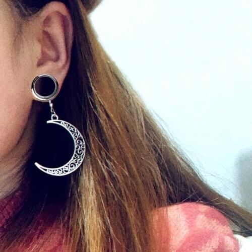 2 Pieces Earrings Ear Plugs Tunnels Ear Expansions Ear Reamer Ear Dilations Screw-fix Hollow Moon Dangle Gauges Flesh Piercing