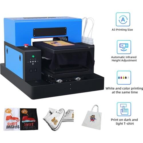 Automatic A3 DTG Printer Flatbed T-Shirt Printing Machine Direct to Garment Printers with Textile Ink for Canvas Bag Shoe Hoodie