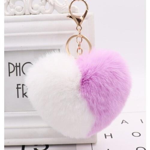 Cute Fake Rabbit Fur Heart Pompom Keychain Women Bag Cars Simple Fluffy Key Chain Keyring llaveros muje Jewelry