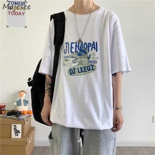 T-shirts Men Letter Cartoon Printed Chic Loose All-match Korean Fashion Teenagers Tops Summer Cozy O-neck Casual Harajuku Ins