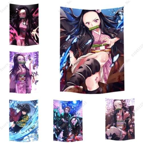 Devils Blade Anime Tapestry Demon Slayer Beach Towel Kimetsu No Yaiba Kamado Tanjirou Nezuko Background Tapestries Home Decor