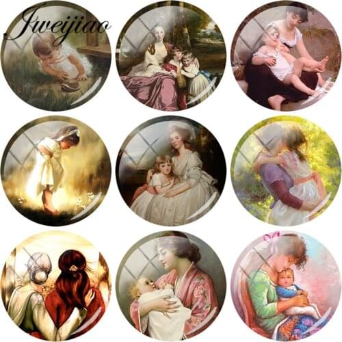 JWEIJIAO Hot 5pcs Glass Cabochon Mother And Baby Kids Art Paiting Glass Dome Beads DIY Earrings Keychain Jewelry Finding