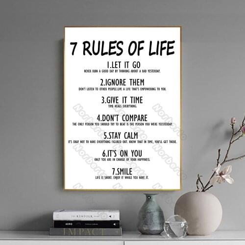 Modern Style Canvas Painting and Posters Black and White Prints Quotes Seven Rules of Life for Home Rooms Wall Decoration