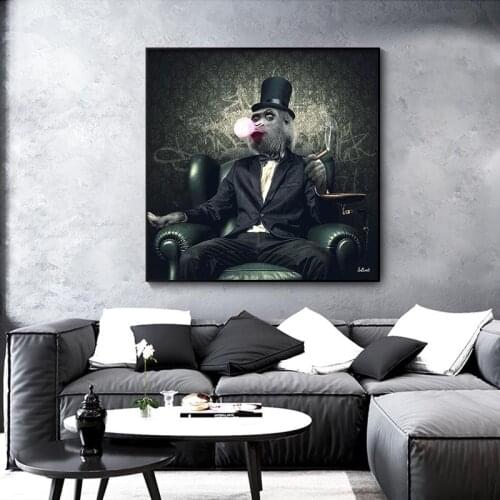 Monkey In Suit Canvas Painting Poster and Monkey Smoking A Cigar Prints Painting Wall Pictures for Living Room Home Decorations
