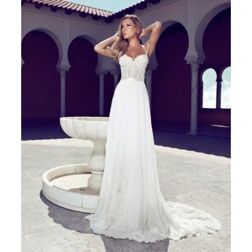 Medias 2021 Julie Vino Spaghetti Straps Lace Top A-Line Chiffon Applique Court Train Bridal Gown long Bespoke Wedding Dresses