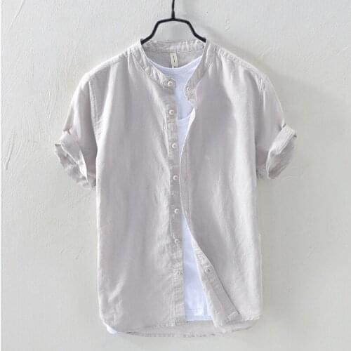 Men Linen Cotton Shirts Summer Short Sleeve Mandarin Collar Shirts For Men Male Shirt Camisa Masculina Quality Tops TS-399