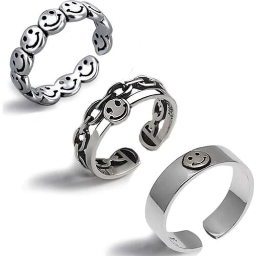 Vintage Ancient Silver Color Happy Smiling Face Open Rings Set for Women Punk Hip Hop Adjustable Ring Fashion Jewelry Best Gift
