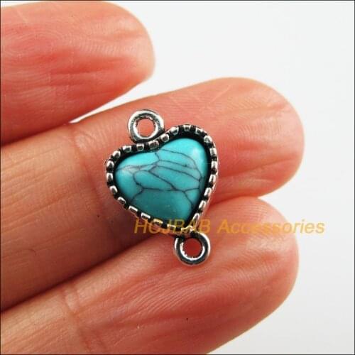 Fashion 15 New Flower Heart Charms Tibetan Silver Color Blue Stone Connectors 12x17.5mm