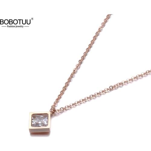 BOBOTUU Stainless Steel Pendant Necklace AAA Square Zircon Rose Gold Color Jewelry Fashion Gift For Women New Year Gift BN18268