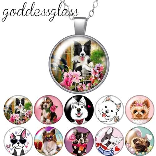 Cute Dog painting Dogs Pet shepherd Bulldog Round Glass glass cabochon silver plated/Crystal pendant necklace jewelry for Gift