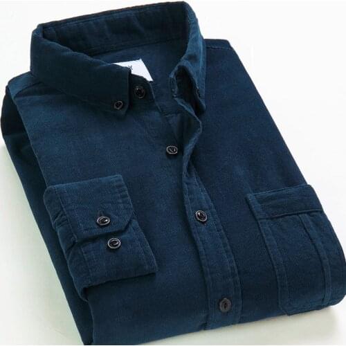 Fashion Men Corduroy Shirt 100% Cotton Long Sleeve Regular-fit Casual Shirts Warm Clothing with Patch Chest Pocket
