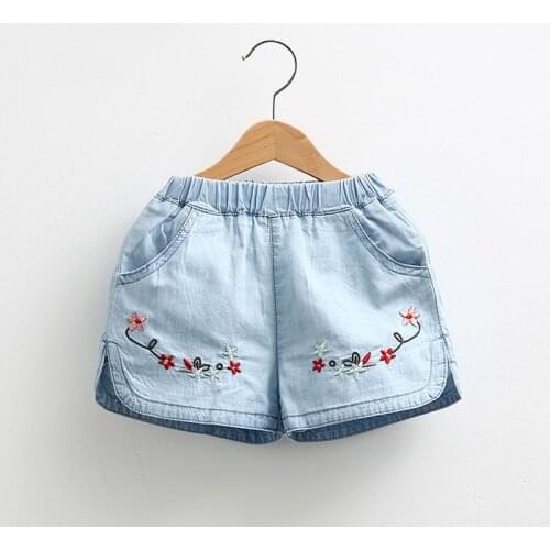 2021 Hot Summer Casual 2 3 4 6 8 10 Years Baby Children Blue Embroidery Floral Cotton Pocket Denim Shorts For Little Kids Girls