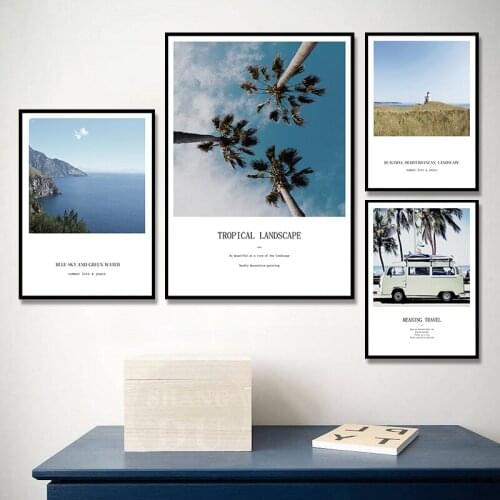 Modern Nordic Scandinavian Tropical Landscape Posters Prints Sea Beach Bus Palm Tree Wall Art Canvas Painting Decoration Picture